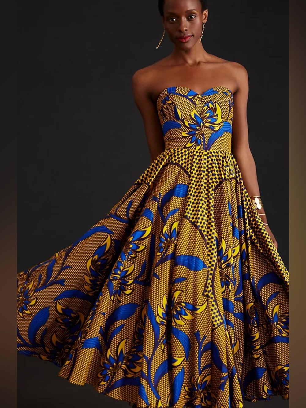 NWT Sika for Anthropologie Strapless Blue and Yellow Ankara Floral Midi Dress 12